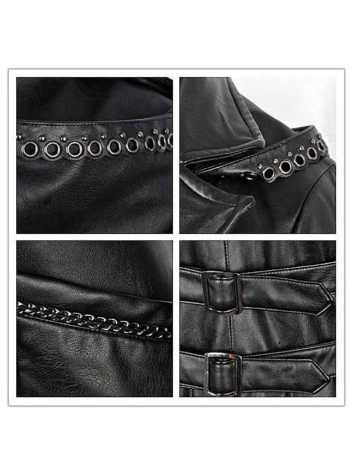 Front Button Long Sleeve Metal Eyelets Cap Dovetail Hem Black Gothic Leather Jacket
