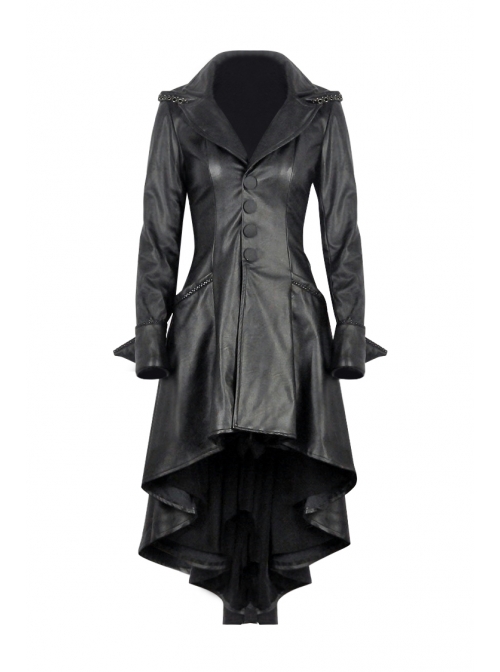 Front Button Long Sleeve Metal Eyelets Cap Dovetail Hem Black Gothic Leather Jacket