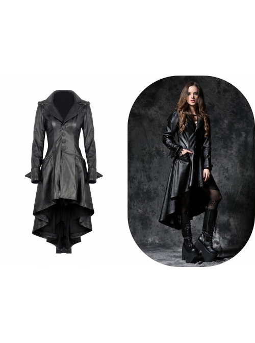 Front Button Long Sleeve Metal Eyelets Cap Dovetail Hem Black Gothic Leather Jacket