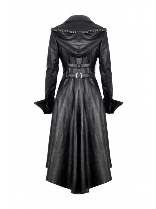 Front Button Long Sleeve Metal Eyelets Cap Dovetail Hem Black Gothic Leather Jacket