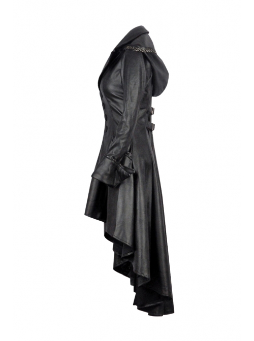 Front Button Long Sleeve Metal Eyelets Cap Dovetail Hem Black Gothic Leather Jacket