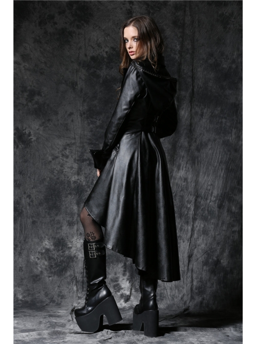 Front Button Long Sleeve Metal Eyelets Cap Dovetail Hem Black Gothic Leather Jacket
