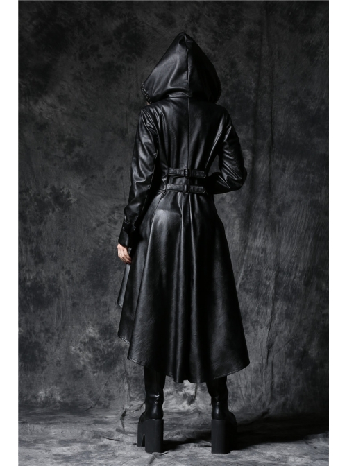 Front Button Long Sleeve Metal Eyelets Cap Dovetail Hem Black Gothic Leather Jacket