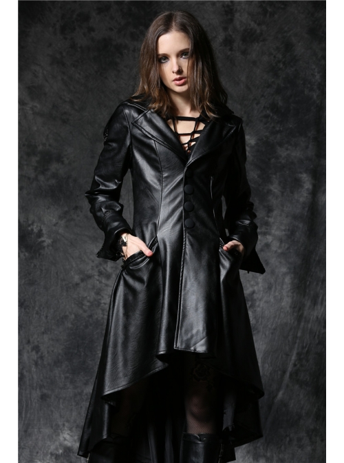 Front Button Long Sleeve Metal Eyelets Cap Dovetail Hem Black Gothic Leather Jacket