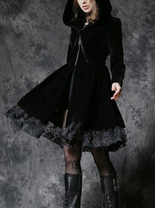 Front Skull Decoration Metal Zipper Long Sleeve Pleated Lace Hem Black Gothic Hooded Velvet Dress
