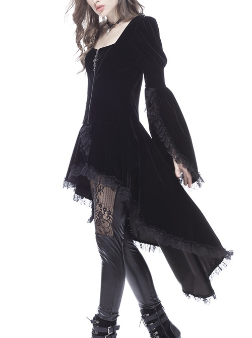 Square Collar Front Metal Cross Pendant Zipper Slit Long Sleeve Pleated Lace Hem Black Gothic Dress