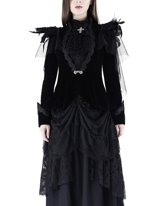 Woven Collar Swallow Shoulder Metal Buckle Long Sleeve Black Gothic Velvet Blouse