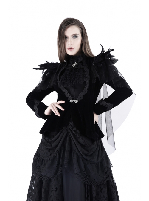 Woven Collar Swallow Shoulder Metal Buckle Long Sleeve Black Gothic Velvet Blouse