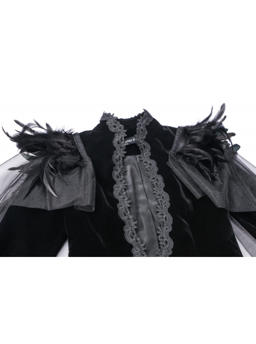 Woven Collar Swallow Shoulder Metal Buckle Long Sleeve Black Gothic Velvet Blouse