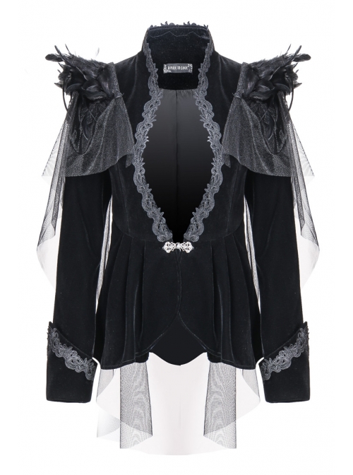 Woven Collar Swallow Shoulder Metal Buckle Long Sleeve Black Gothic Velvet Blouse