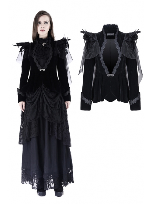 Woven Collar Swallow Shoulder Metal Buckle Long Sleeve Black Gothic Velvet Blouse