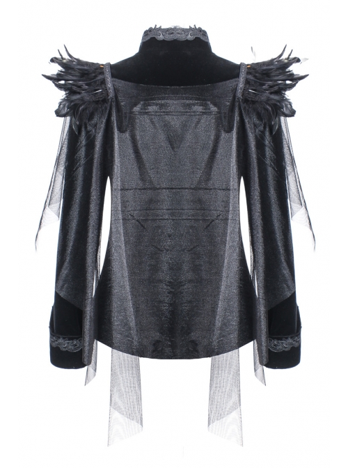 Woven Collar Swallow Shoulder Metal Buckle Long Sleeve Black Gothic Velvet Blouse