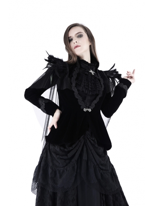 Woven Collar Swallow Shoulder Metal Buckle Long Sleeve Black Gothic Velvet Blouse