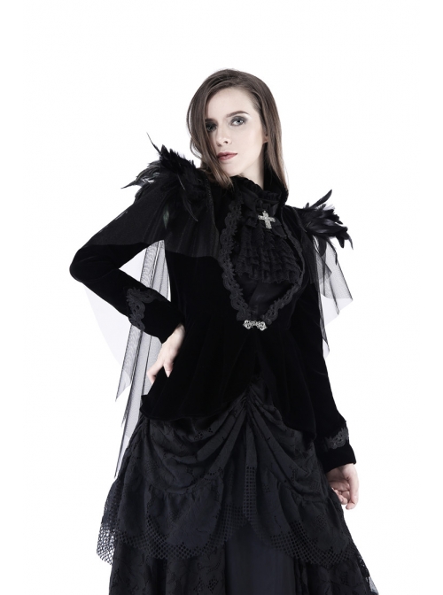 Woven Collar Swallow Shoulder Metal Buckle Long Sleeve Black Gothic Velvet Blouse