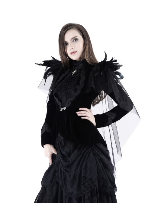 Woven Collar Swallow Shoulder Metal Buckle Long Sleeve Black Gothic Velvet Blouse