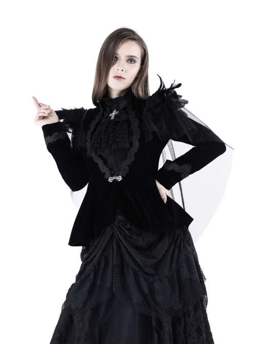Woven Collar Swallow Shoulder Metal Buckle Long Sleeve Black Gothic Velvet Blouse