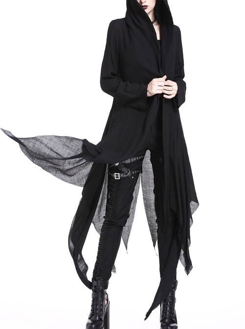 Black Long Sleeve Burr Cuff Irregular Splice Mesh Hem Punk Hooded Long Coat