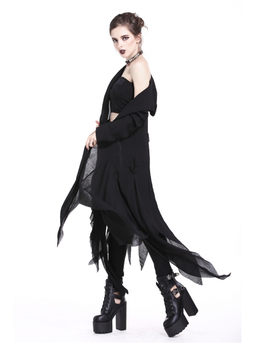 Black Long Sleeve Burr Cuff Irregular Splice Mesh Hem Punk Hooded Long Coat