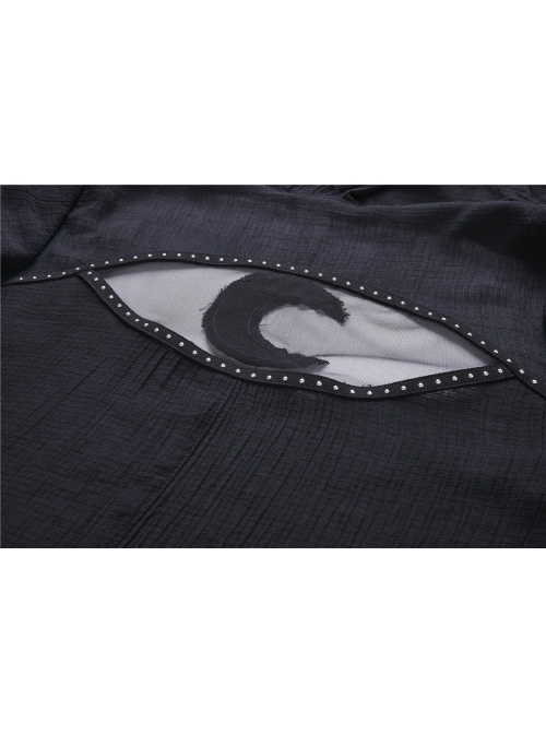 Black Long Sleeve Burr Cuff Irregular Splice Mesh Hem Punk Hooded Long Coat