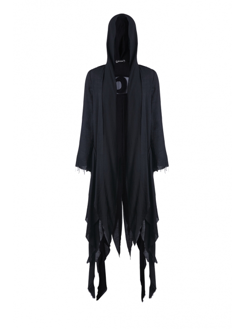 Black Long Sleeve Burr Cuff Irregular Splice Mesh Hem Punk Hooded Long Coat