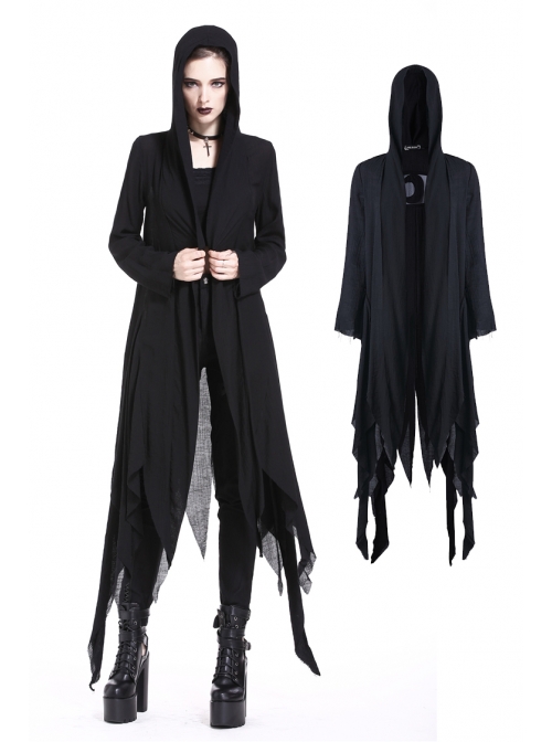 Black Long Sleeve Burr Cuff Irregular Splice Mesh Hem Punk Hooded Long Coat