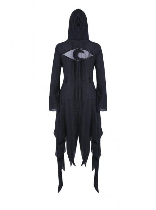 Black Long Sleeve Burr Cuff Irregular Splice Mesh Hem Punk Hooded Long Coat