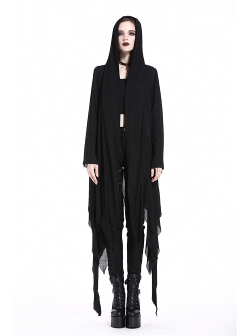 Black Long Sleeve Burr Cuff Irregular Splice Mesh Hem Punk Hooded Long Coat