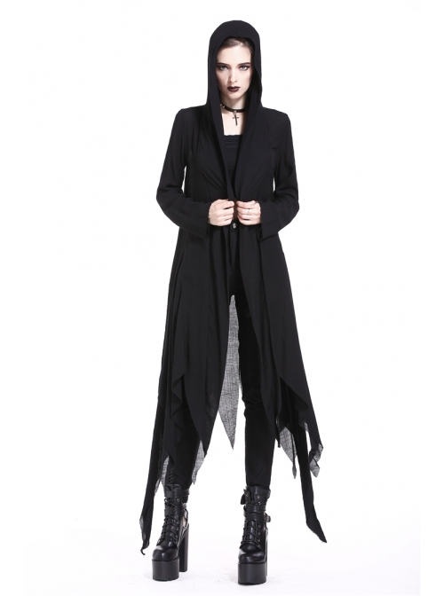 Black Long Sleeve Burr Cuff Irregular Splice Mesh Hem Punk Hooded Long Coat