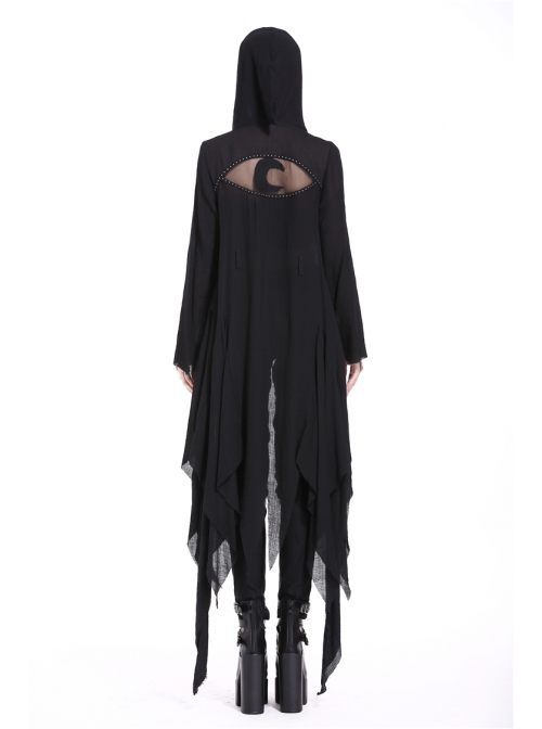 Black Long Sleeve Burr Cuff Irregular Splice Mesh Hem Punk Hooded Long Coat