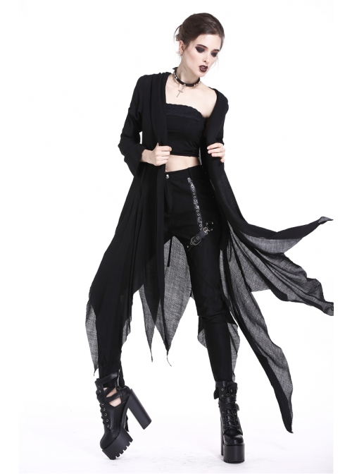 Black Long Sleeve Burr Cuff Irregular Splice Mesh Hem Punk Hooded Long Coat