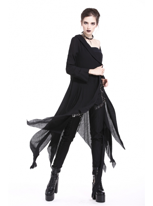 Black Long Sleeve Burr Cuff Irregular Splice Mesh Hem Punk Hooded Long Coat