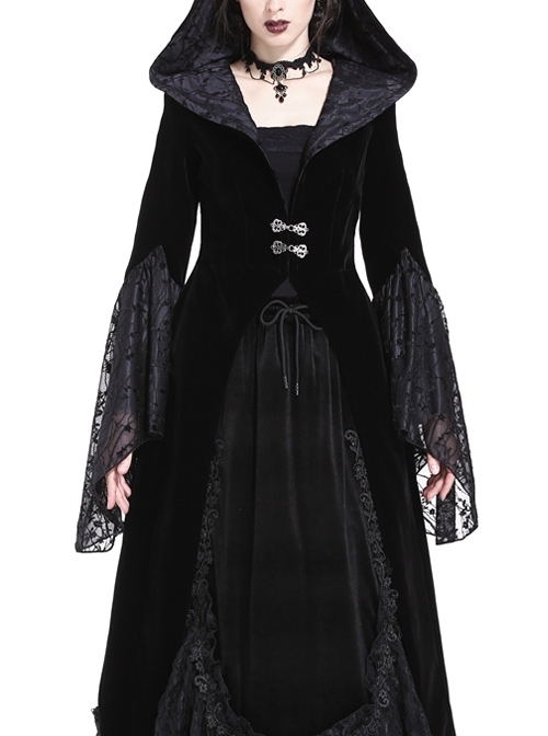 Large V-Neck Front Metal Buckle Flare Sleeve Lace Cuff Back Waist Lace-Up Black Gothic Hooded Velvet Jacket