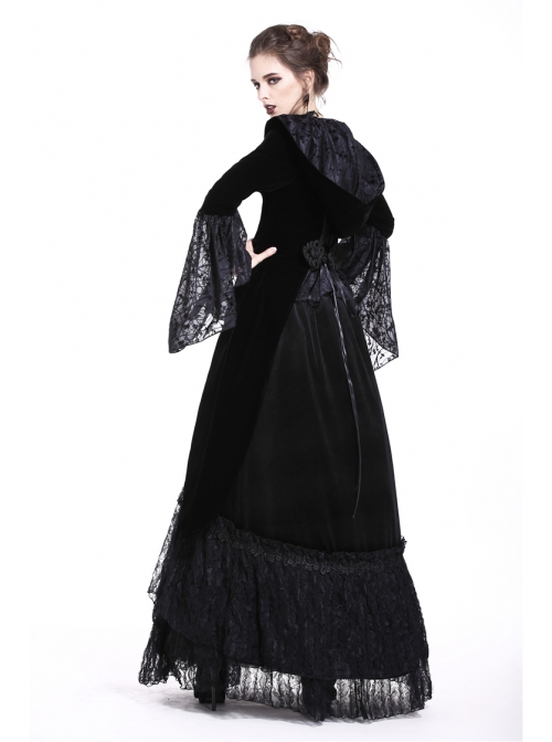 Large V-Neck Front Metal Buckle Flare Sleeve Lace Cuff Back Waist Lace-Up Black Gothic Hooded Velvet Jacket