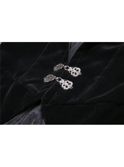 Large V-Neck Front Metal Buckle Flare Sleeve Lace Cuff Back Waist Lace-Up Black Gothic Hooded Velvet Jacket