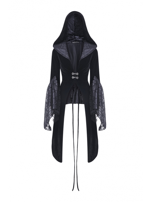 Large V-Neck Front Metal Buckle Flare Sleeve Lace Cuff Back Waist Lace-Up Black Gothic Hooded Velvet Jacket