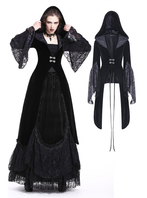 Large V-Neck Front Metal Buckle Flare Sleeve Lace Cuff Back Waist Lace-Up Black Gothic Hooded Velvet Jacket