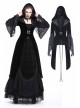 Large V-Neck Front Metal Buckle Flare Sleeve Lace Cuff Back Waist Lace-Up Black Gothic Hooded Velvet Jacket