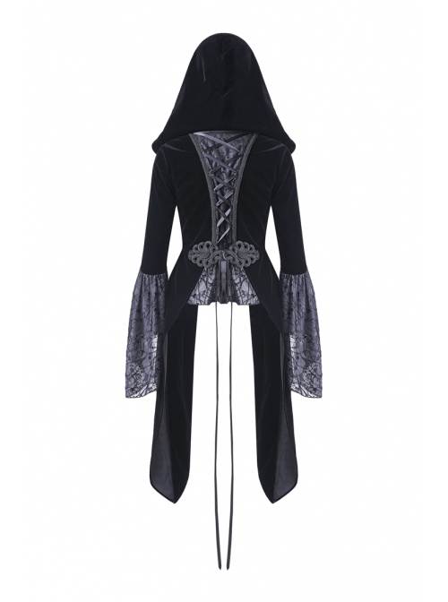 Large V-Neck Front Metal Buckle Flare Sleeve Lace Cuff Back Waist Lace-Up Black Gothic Hooded Velvet Jacket