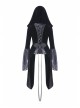 Large V-Neck Front Metal Buckle Flare Sleeve Lace Cuff Back Waist Lace-Up Black Gothic Hooded Velvet Jacket