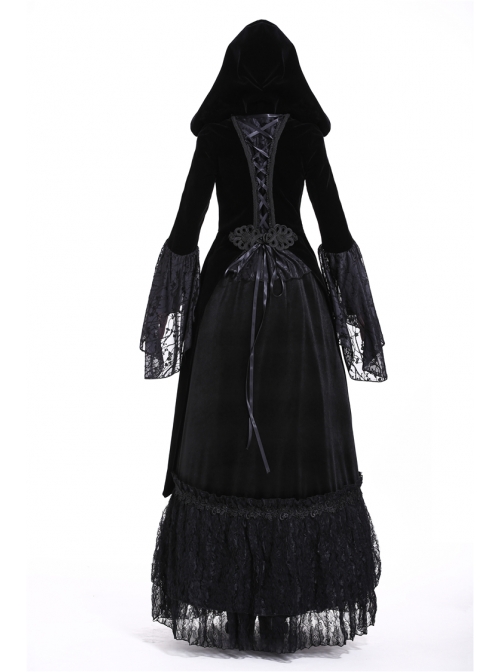 Large V-Neck Front Metal Buckle Flare Sleeve Lace Cuff Back Waist Lace-Up Black Gothic Hooded Velvet Jacket