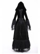Large V-Neck Front Metal Buckle Flare Sleeve Lace Cuff Back Waist Lace-Up Black Gothic Hooded Velvet Jacket