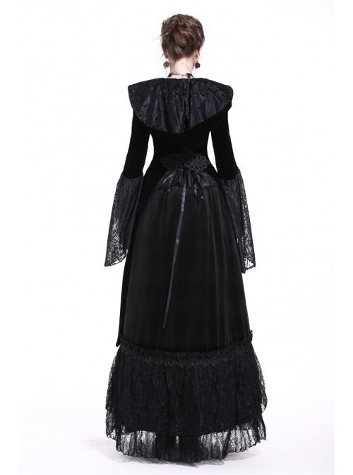 Large V-Neck Front Metal Buckle Flare Sleeve Lace Cuff Back Waist Lace-Up Black Gothic Hooded Velvet Jacket