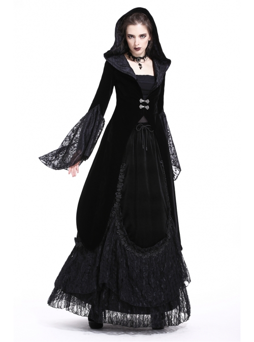 Large V-Neck Front Metal Buckle Flare Sleeve Lace Cuff Back Waist Lace-Up Black Gothic Hooded Velvet Jacket