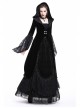 Large V-Neck Front Metal Buckle Flare Sleeve Lace Cuff Back Waist Lace-Up Black Gothic Hooded Velvet Jacket