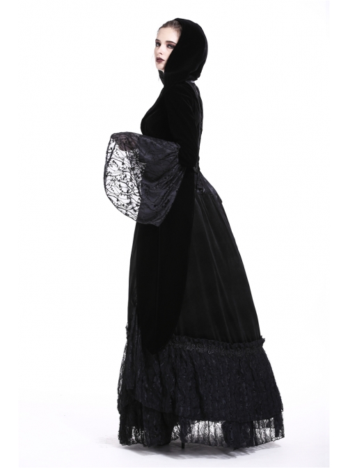 Large V-Neck Front Metal Buckle Flare Sleeve Lace Cuff Back Waist Lace-Up Black Gothic Hooded Velvet Jacket