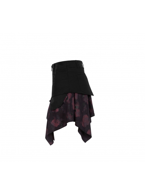 Steam Punk Female Flower Printed Stitching Irregular Hem Skirt