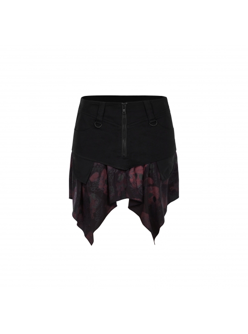 Steam Punk Female Flower Printed Stitching Irregular Hem Skirt