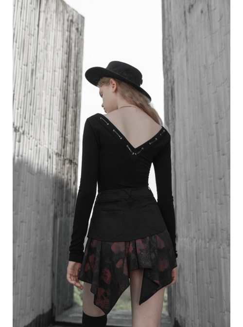 Steam Punk Female Flower Printed Stitching Irregular Hem Skirt