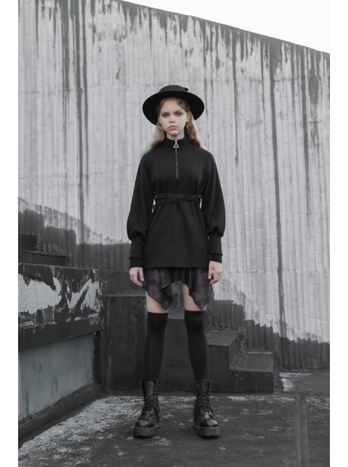 Steam Punk Female Flower Printed Stitching Irregular Hem Skirt