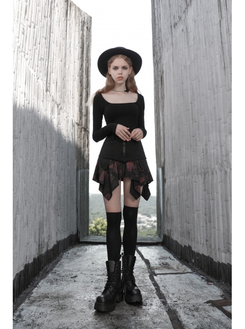 Steam Punk Female Flower Printed Stitching Irregular Hem Skirt